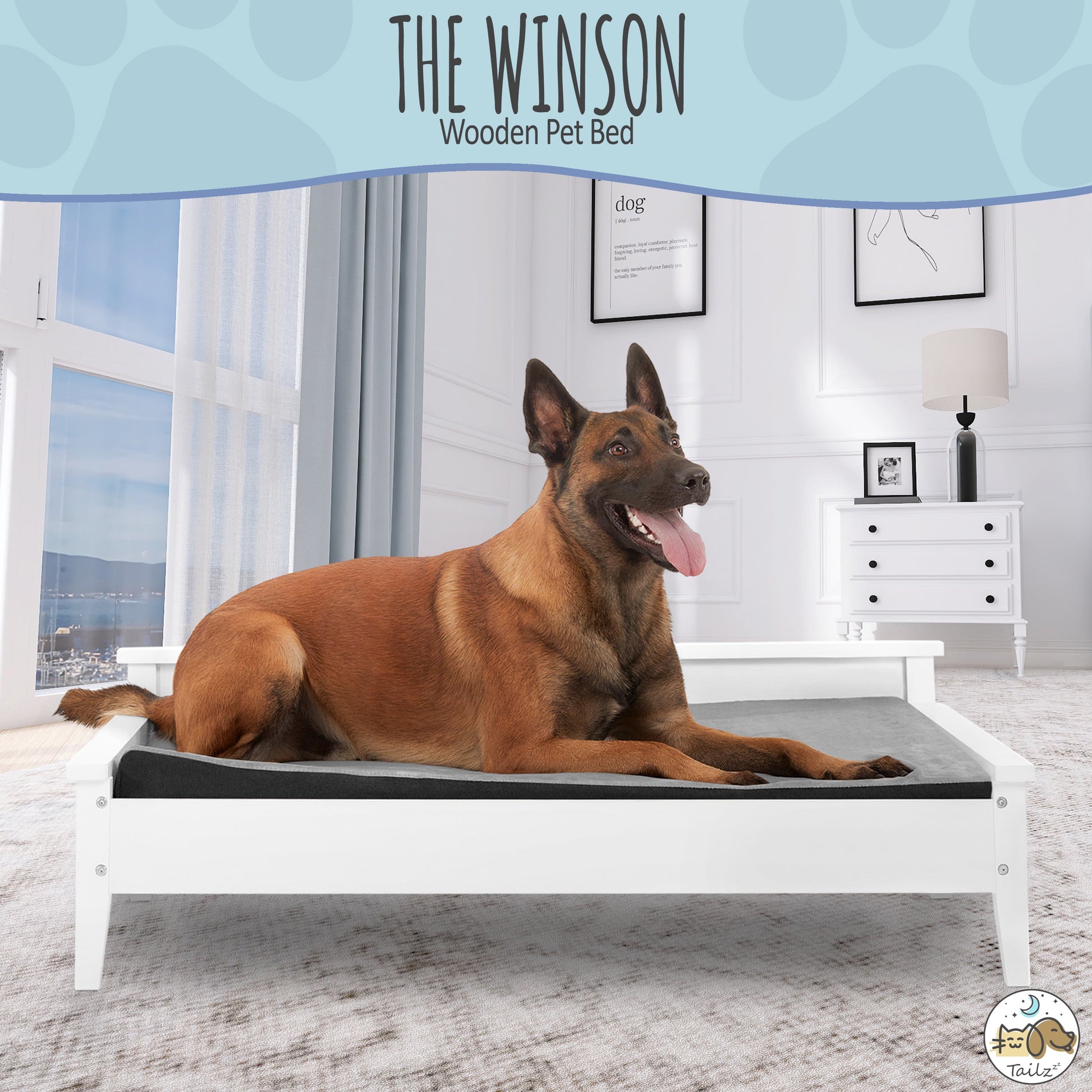 Winston Wooden Pet Bed with Mattress | Large to Extra Large Pet Bed with Mattress | Elevated Pet Bed | Greenguard Gold Certified Wooden Pet Bed