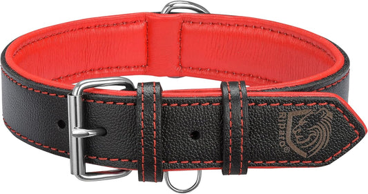 Riparo Genuine Leather Padded Dog Heavy Duty K-9 Adjustable Collar (M: 1” Wide for 14.5” - 17.5” Neck, Black/Red Thread)