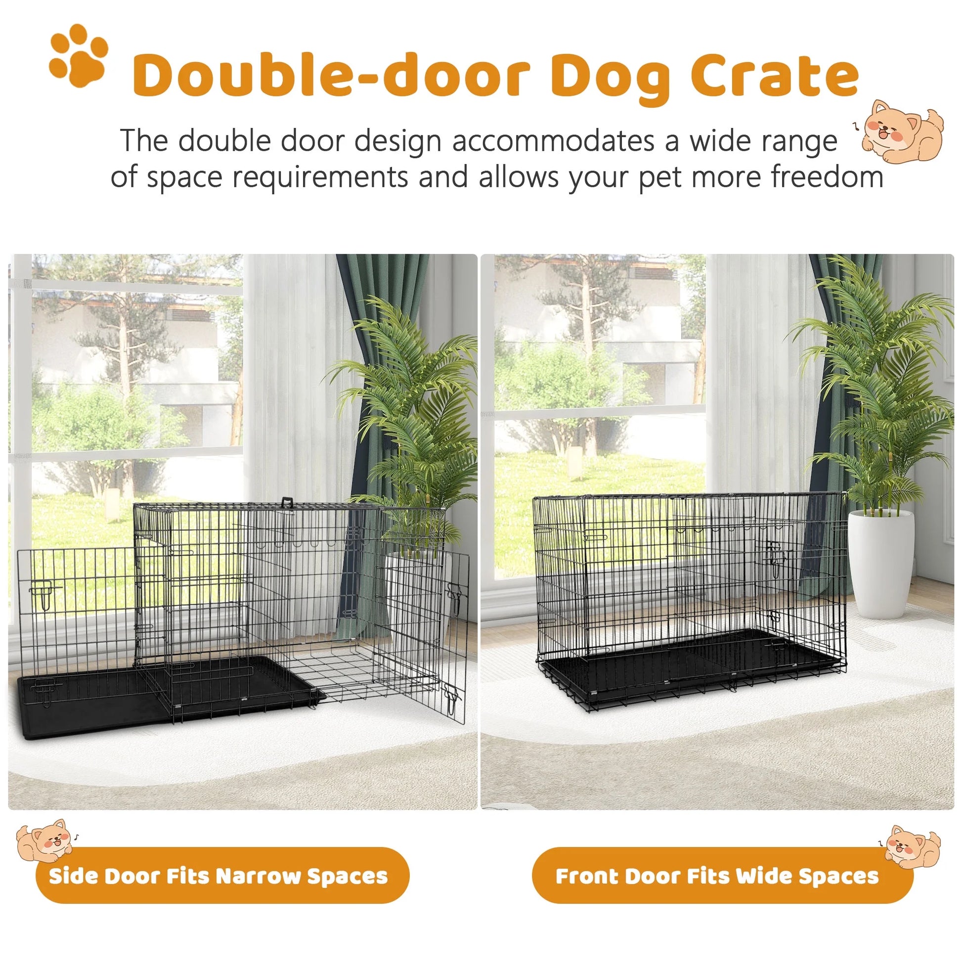 42 Inch Dog Crate, Dog Crates and Kennels Foldable Large Dog Crate for Large Dogs with Handle Double-Door Outdoor Metal Wire Dog Cage with Plastic Tray for Medium Dogs, Black