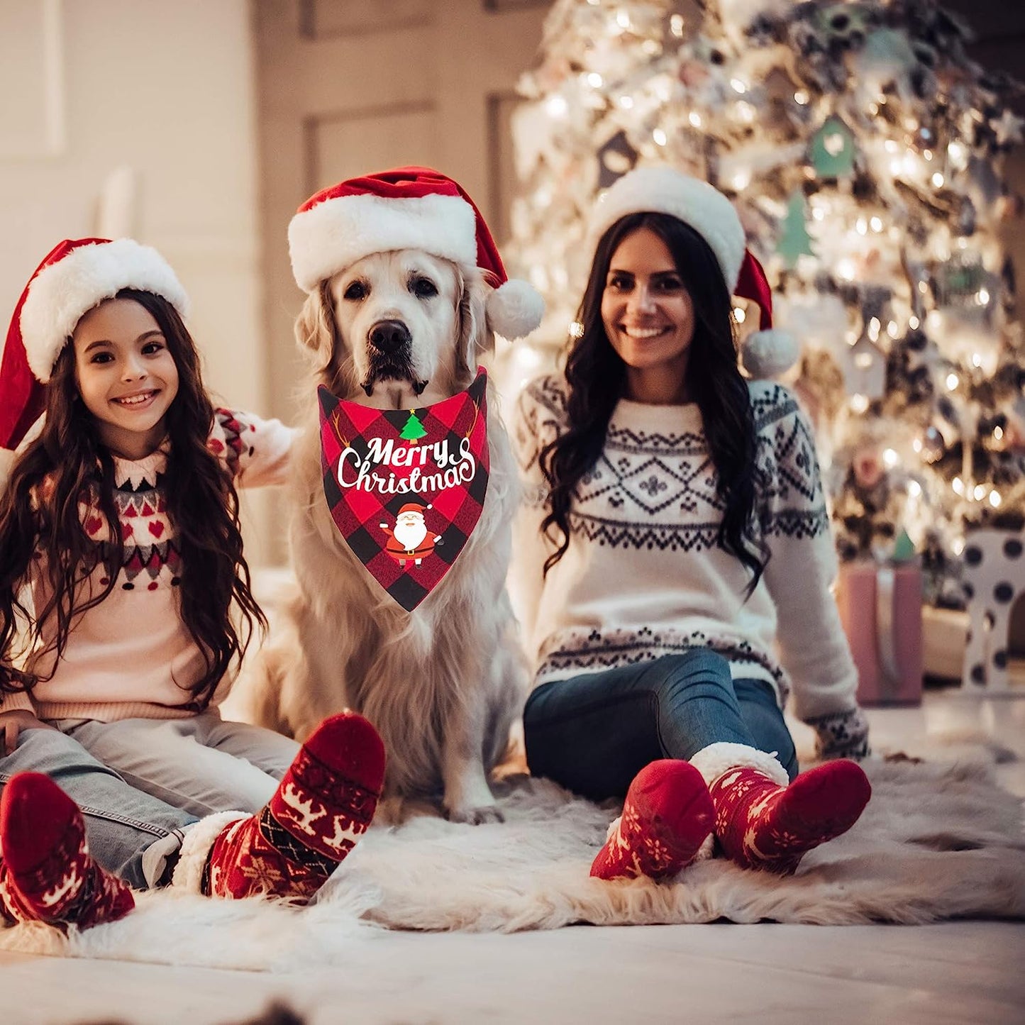 2 Pack Dog Bandana Christmas Classic Plaid Pet Scarf Triangle Bibs Kerchief Merry Christmas Santa Snowman Print Pet Bandana for Small Medium Large Dogs Cats Pets (Red & Red)